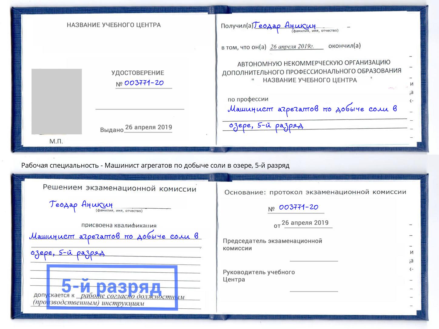 корочка 5-й разряд Машинист агрегатов по добыче соли в озере Мурманск