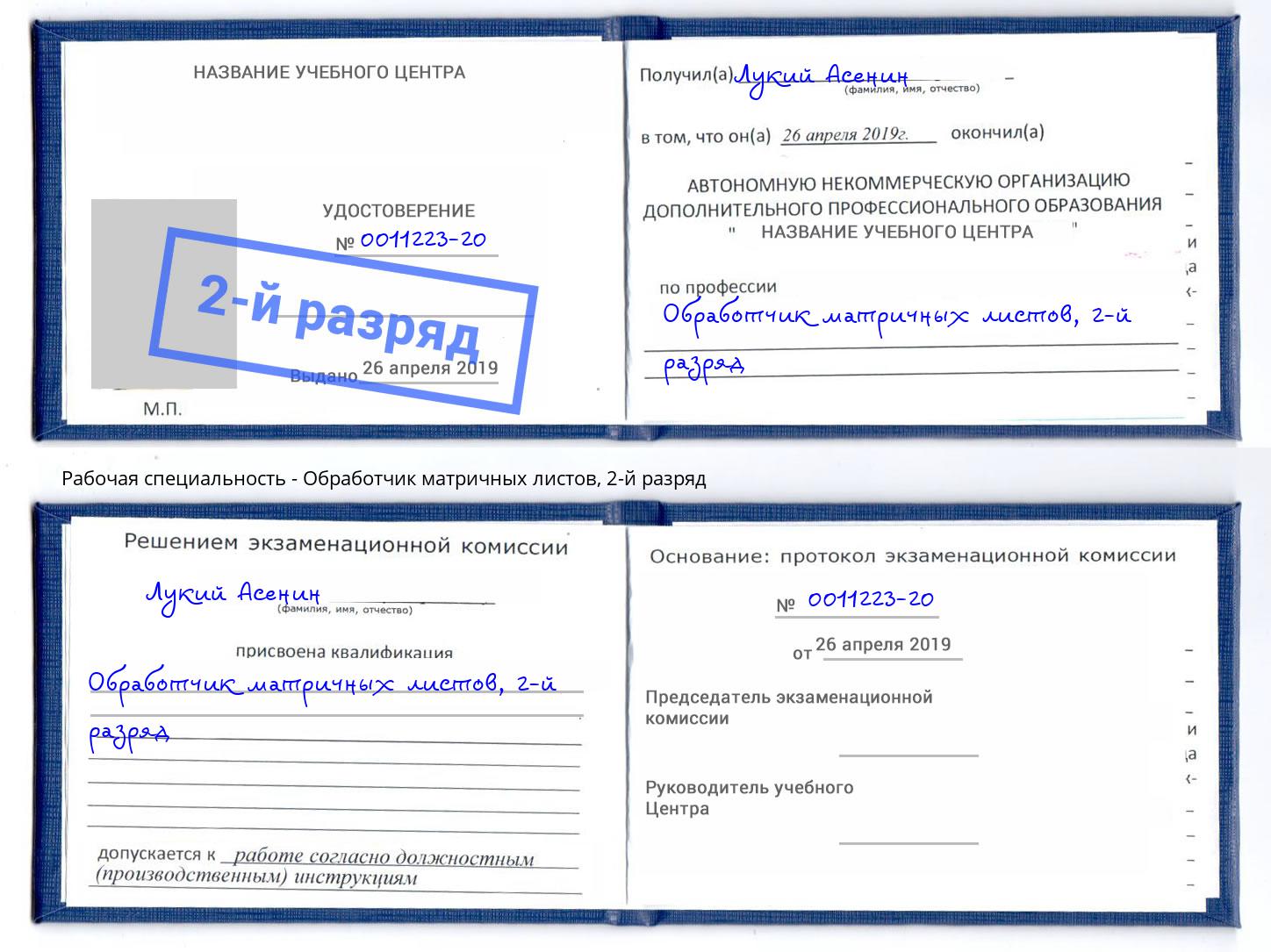корочка 2-й разряд Обработчик матричных листов Мурманск