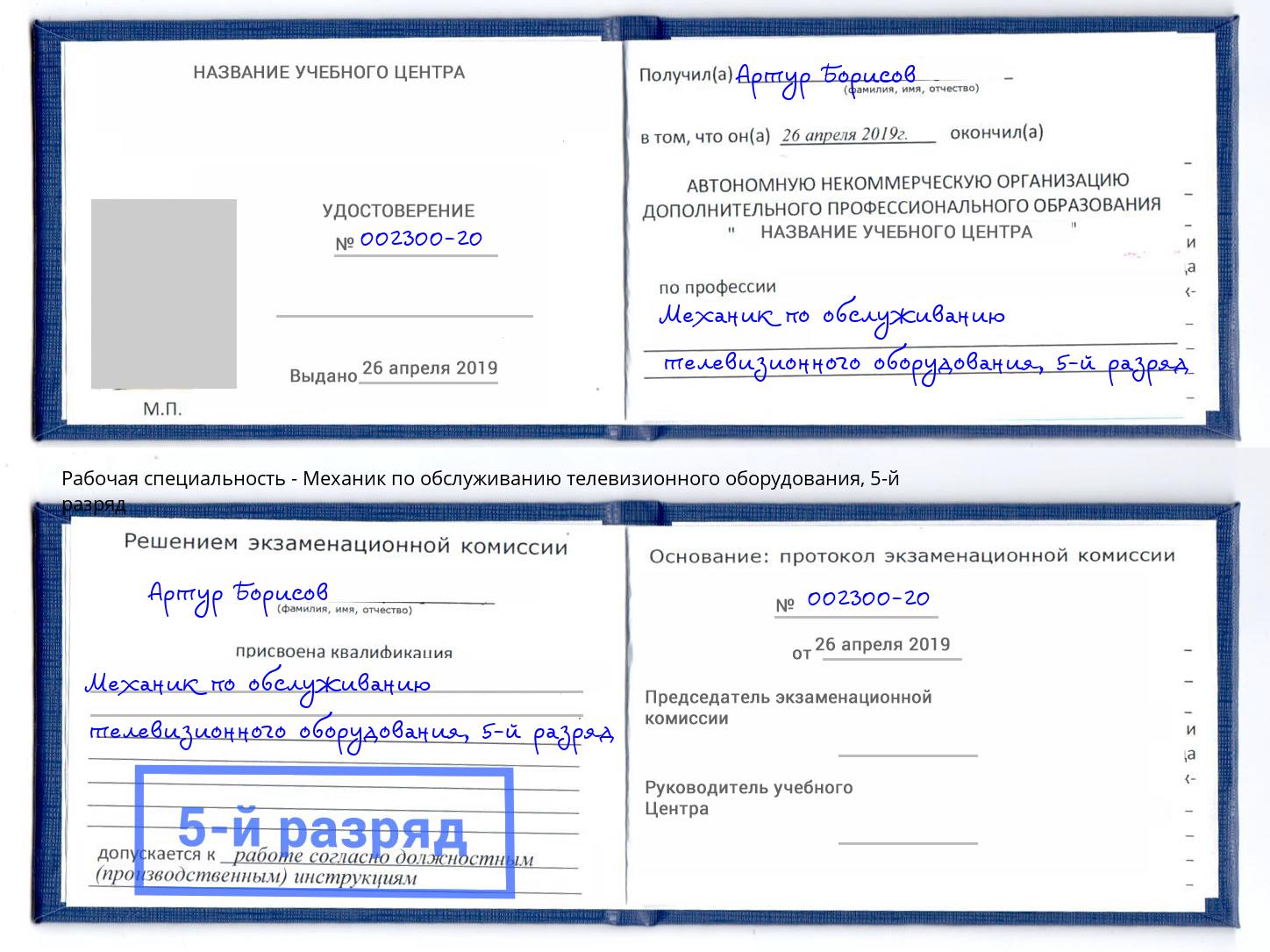 корочка 5-й разряд Механик по обслуживанию телевизионного оборудования Мурманск